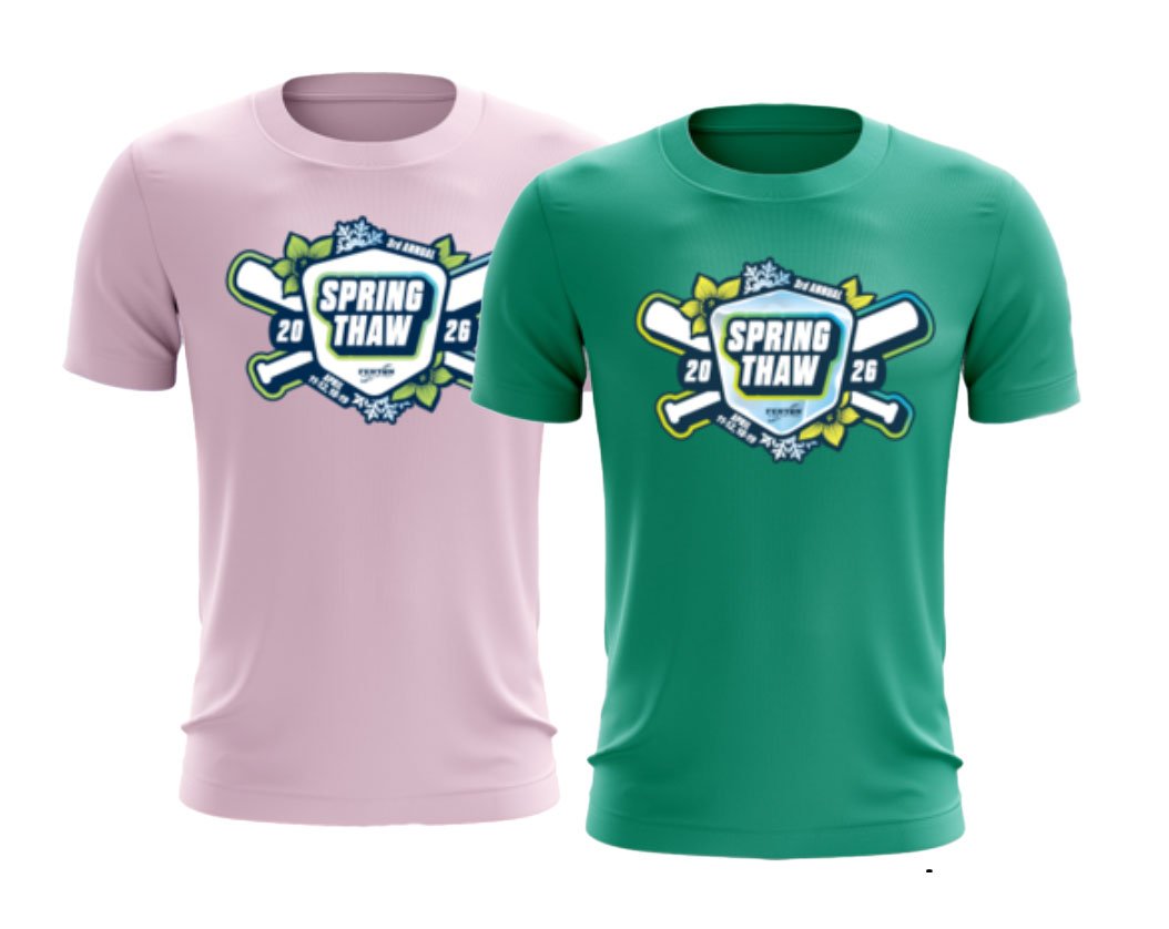 spring thaw 2026 tournament shirts in baby pink and teal colors
